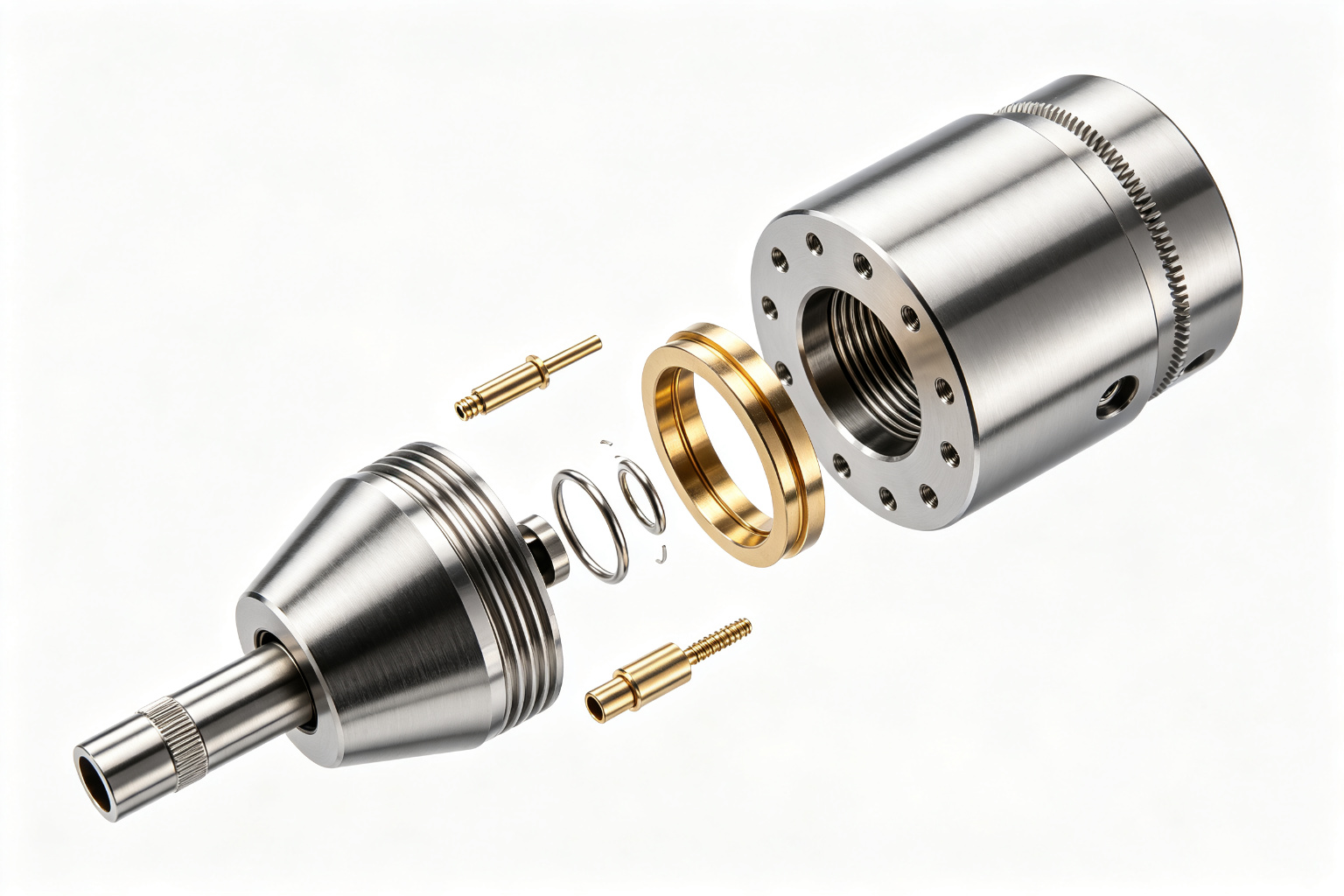 Waterjet cutting nozzle assembly exploded view showing orifice, mixing tube and stainless steel body