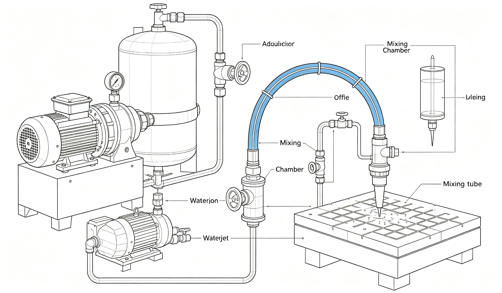Complete waterjet cutting system diagram showing pump, accumulator, high pressure tubing, valve, orifice, mixing tube and cutting head